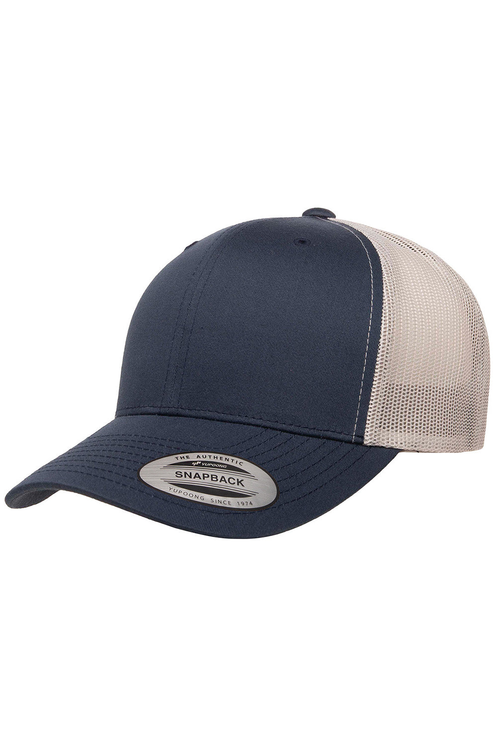 Yupoong 6606 Mens Adjustable Trucker Hat Navy Blue/Silver Grey Front