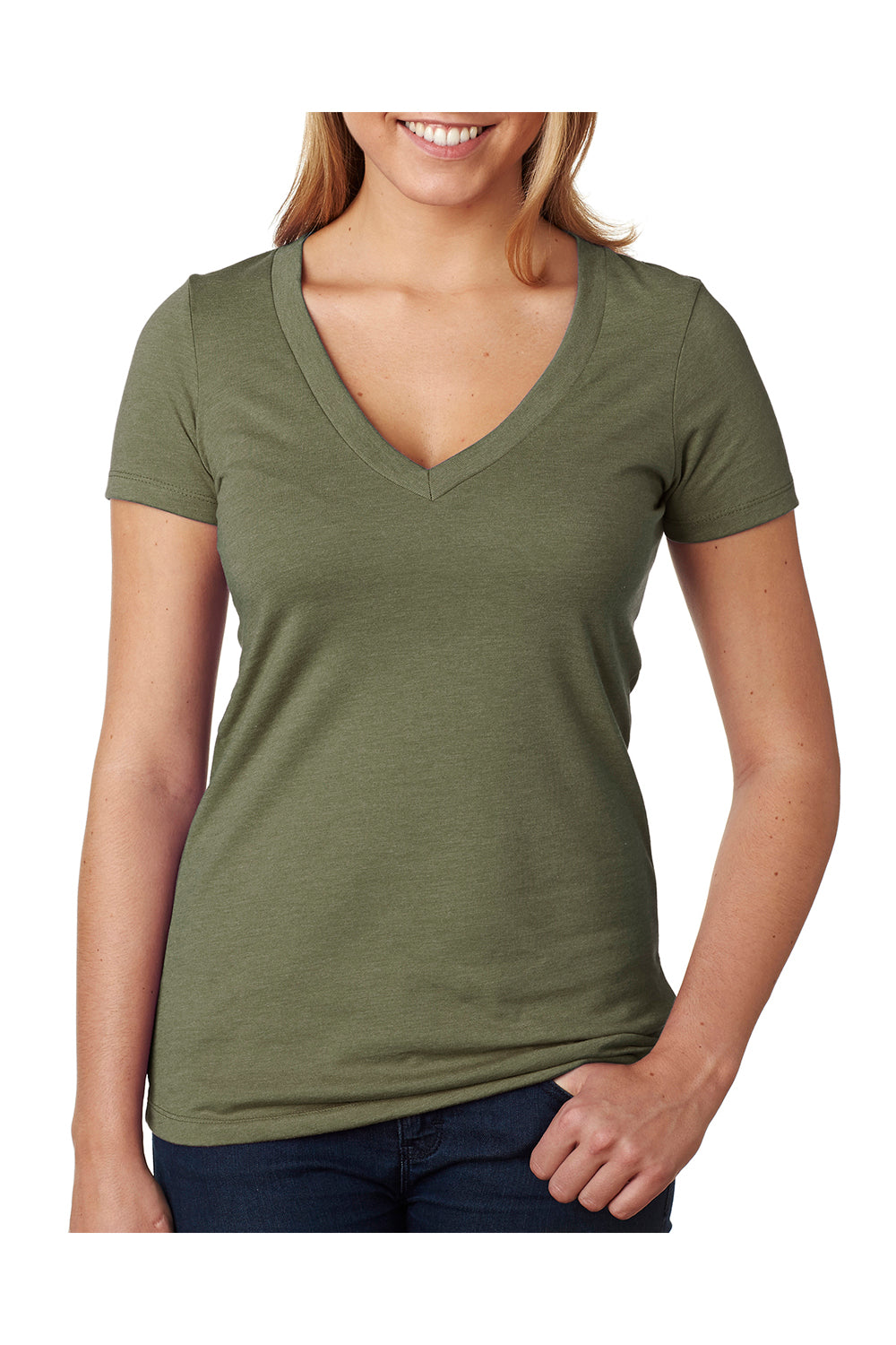 Next Level 6640 Womens CVC Jersey Short Sleeve V-Neck T-Shirt Military Green Front