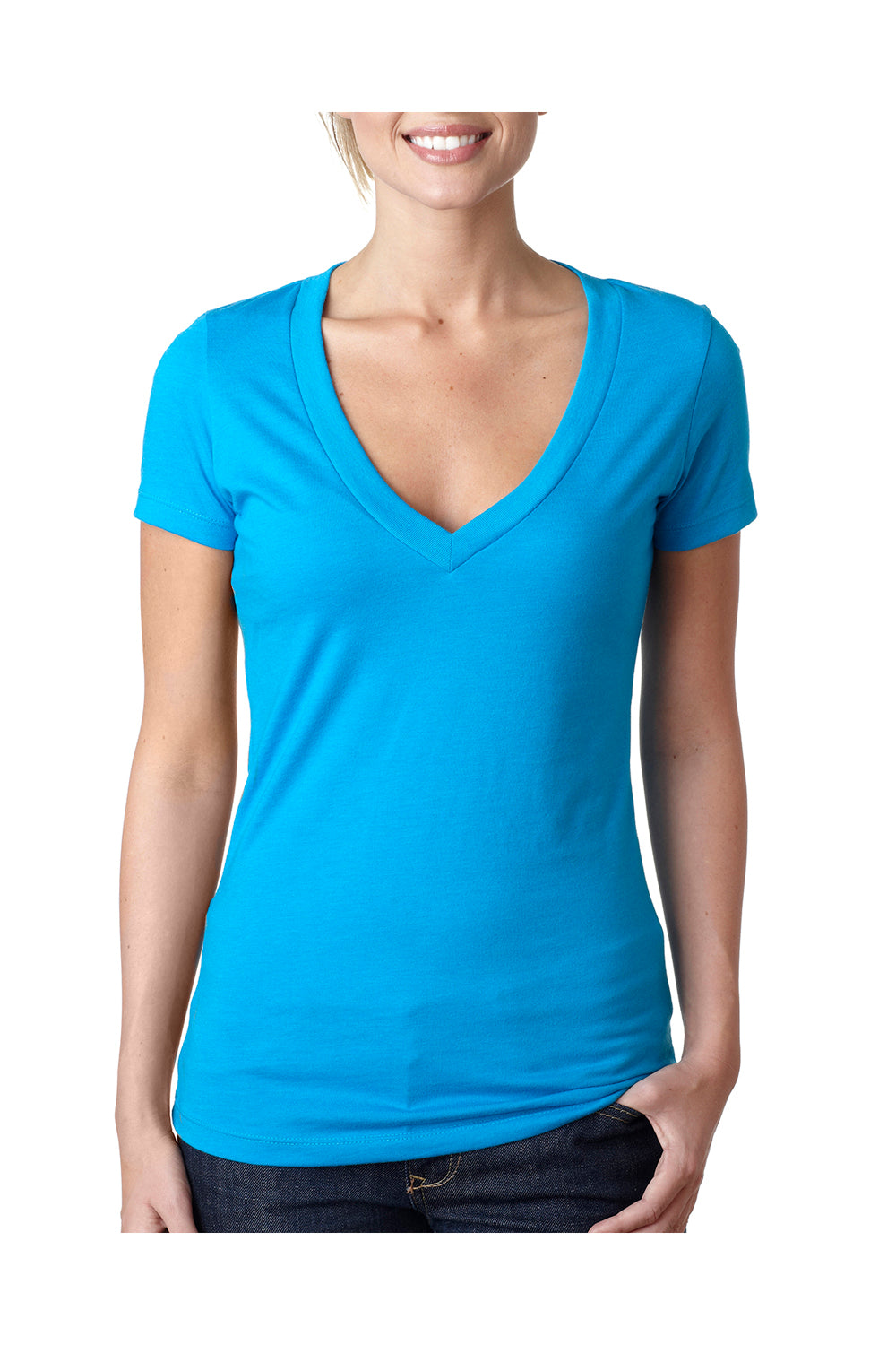 Next Level 6640 Womens CVC Jersey Short Sleeve V-Neck T-Shirt Turquoise Blue Front
