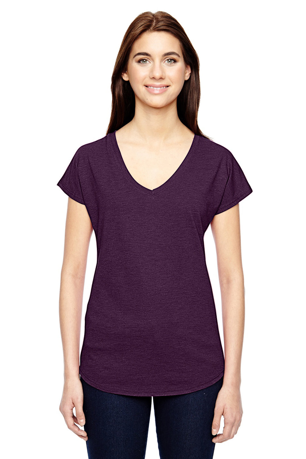 Anvil 6750VL Womens Short Sleeve V-Neck T-Shirt Heather Aubergine Purple Front