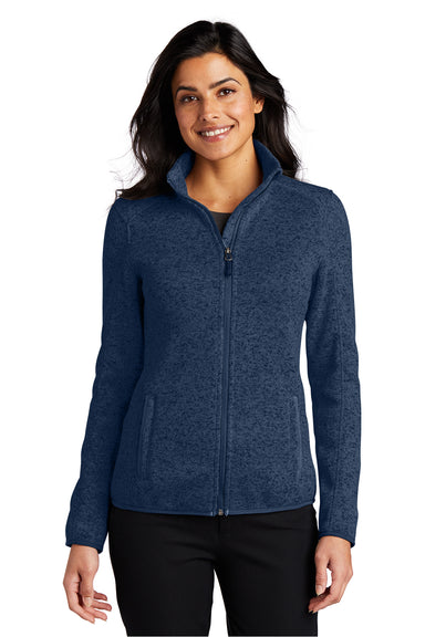 Port Authority Womens Full Zip Sweater Fleece Jacket Heather River Navy Blue Front