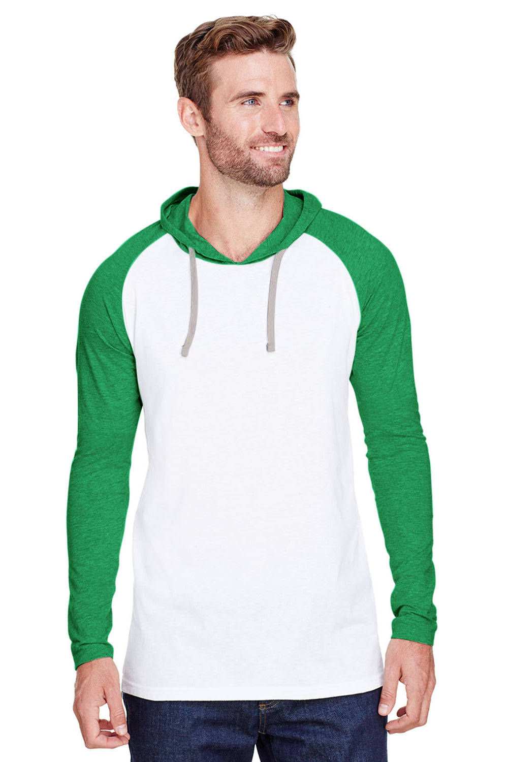 LAT 6917 Mens Fine Jersey Hooded Sweatshirt White/Green Front