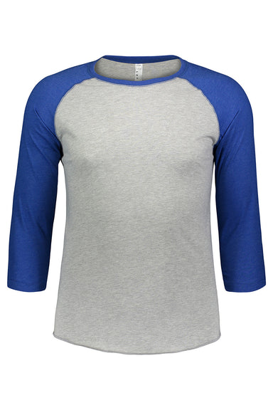 LAT 6930 Mens Fine Jersey Baseball 3/4 Sleeve Crewneck T-Shirt Heather Grey/Vintage Royal Blue Flat Front