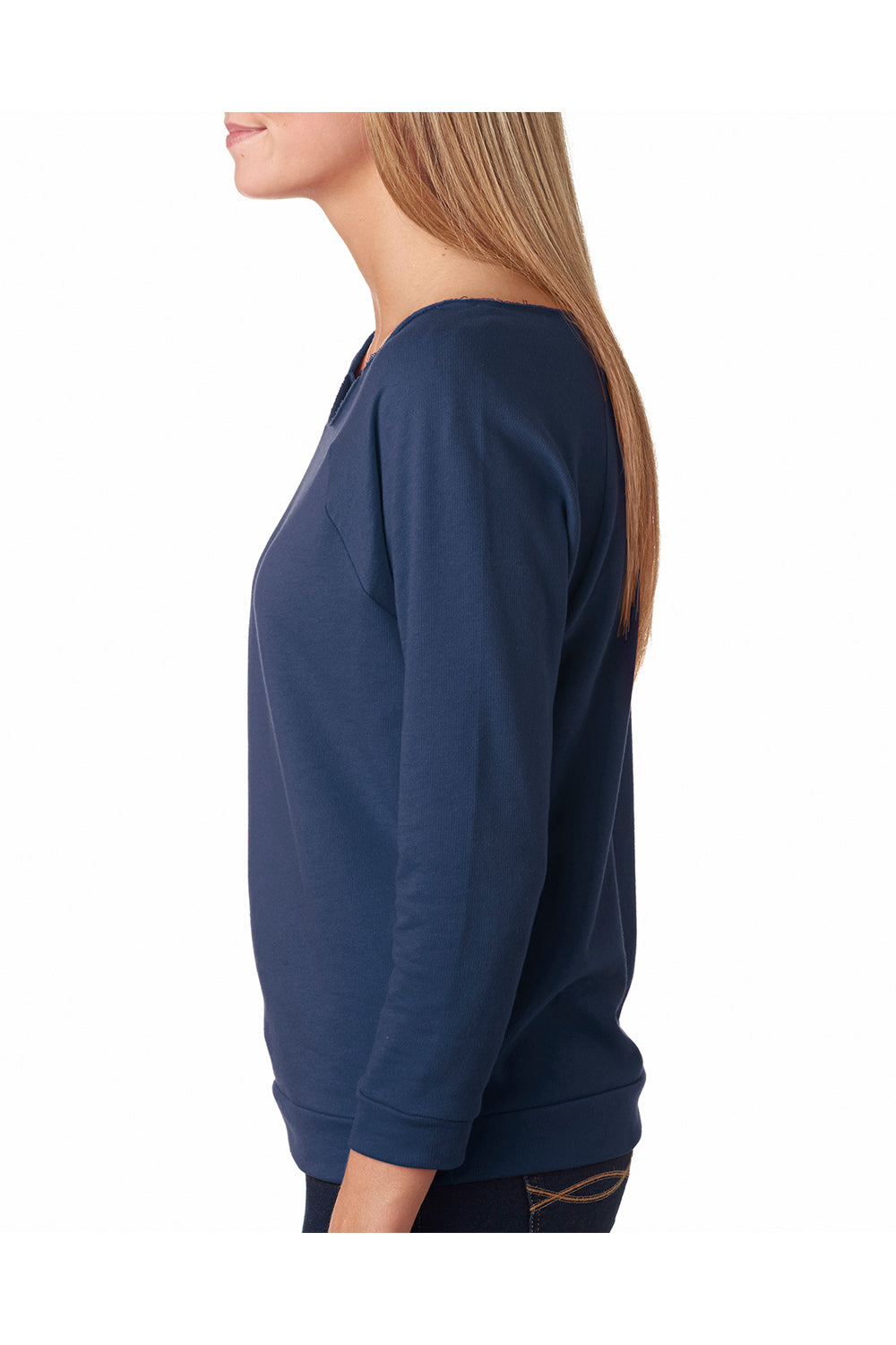 Next Level 6951 Womens French Terry 3/4 Sleeve Wide Neck T-Shirt Indigo Blue Side