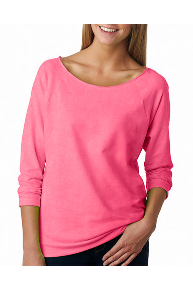 Next Level 6951 Womens French Terry 3/4 Sleeve Wide Neck T-Shirt Heather Neon Pink Front