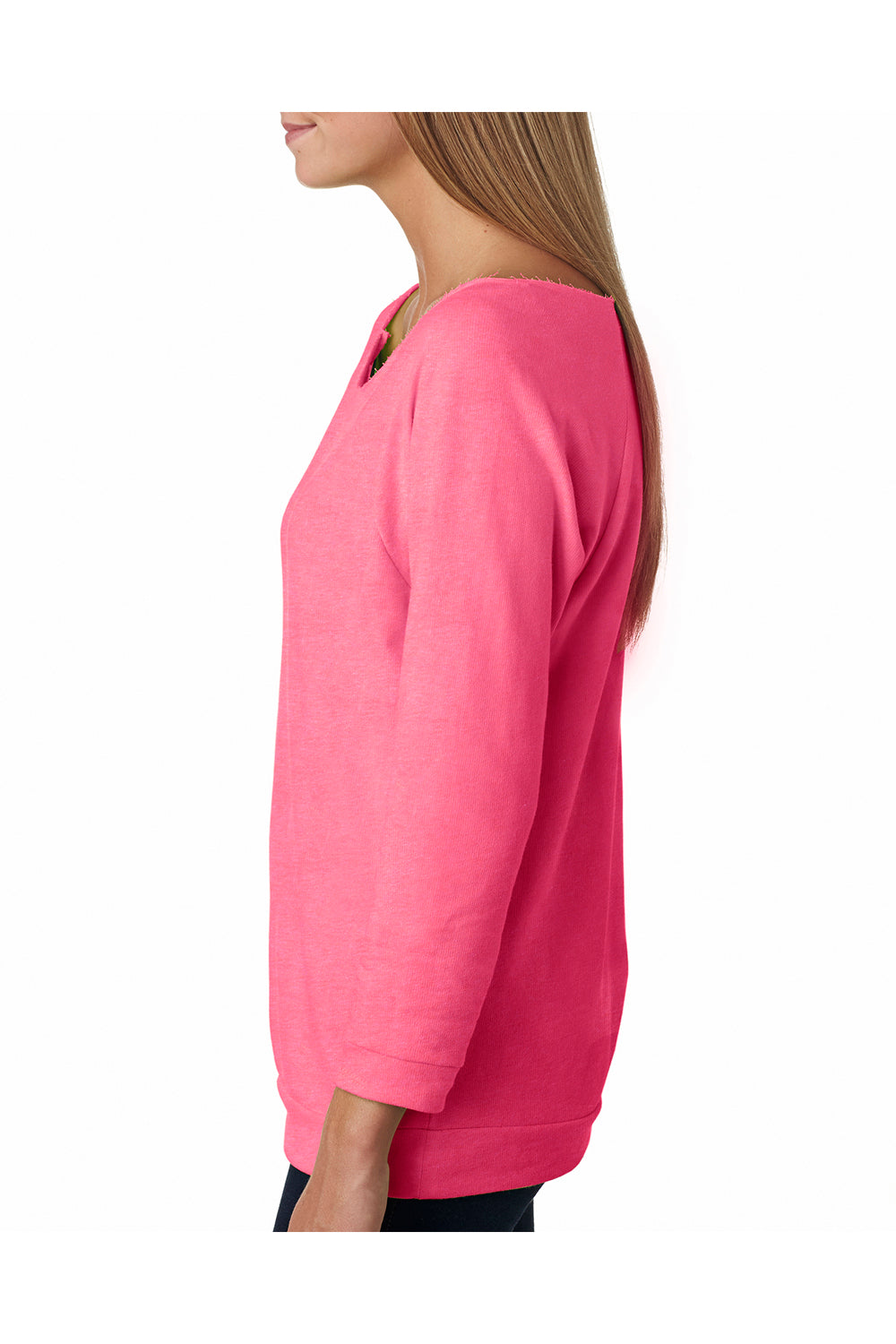 Next Level 6951 Womens French Terry 3/4 Sleeve Wide Neck T-Shirt Heather Neon Pink Side