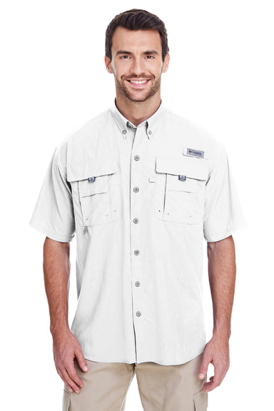 Columbia 7047 Mens Bahama II Moisture Wicking Short Sleeve Button Down Shirt w/ Double Pockets White Front