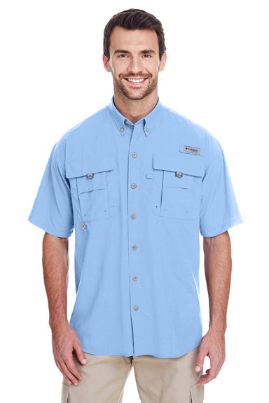 Columbia 7047 Mens Bahama II Moisture Wicking Short Sleeve Button Down Shirt w/ Double Pockets Sail Blue Front