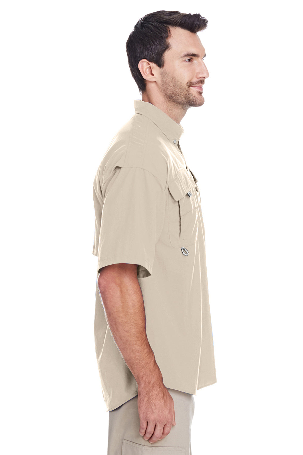 Columbia 7047 Mens Bahama II Moisture Wicking Short Sleeve Button Down Shirt w/ Double Pockets Fossil Brown Side
