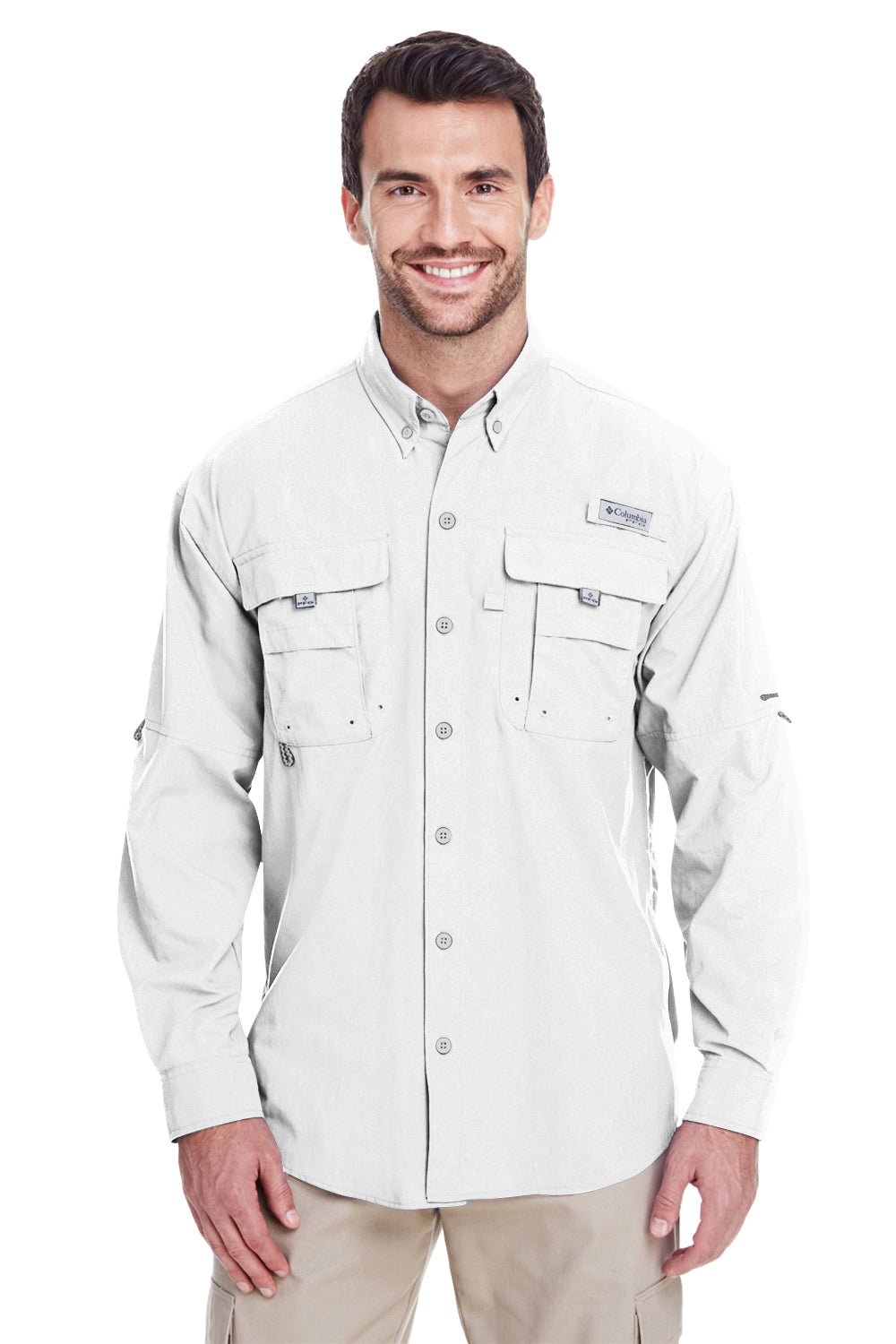 Columbia 7048 Mens Bahama II Moisture Wicking Long Sleeve Button Down Shirt w/ Double Pockets White Front