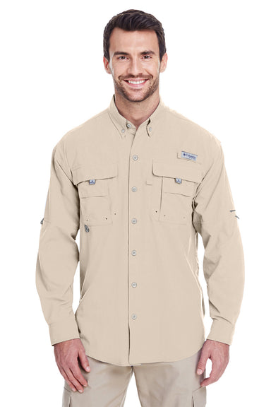 Columbia 7048 Mens Bahama II Moisture Wicking Long Sleeve Button Down Shirt w/ Double Pockets Fossil Brown Front