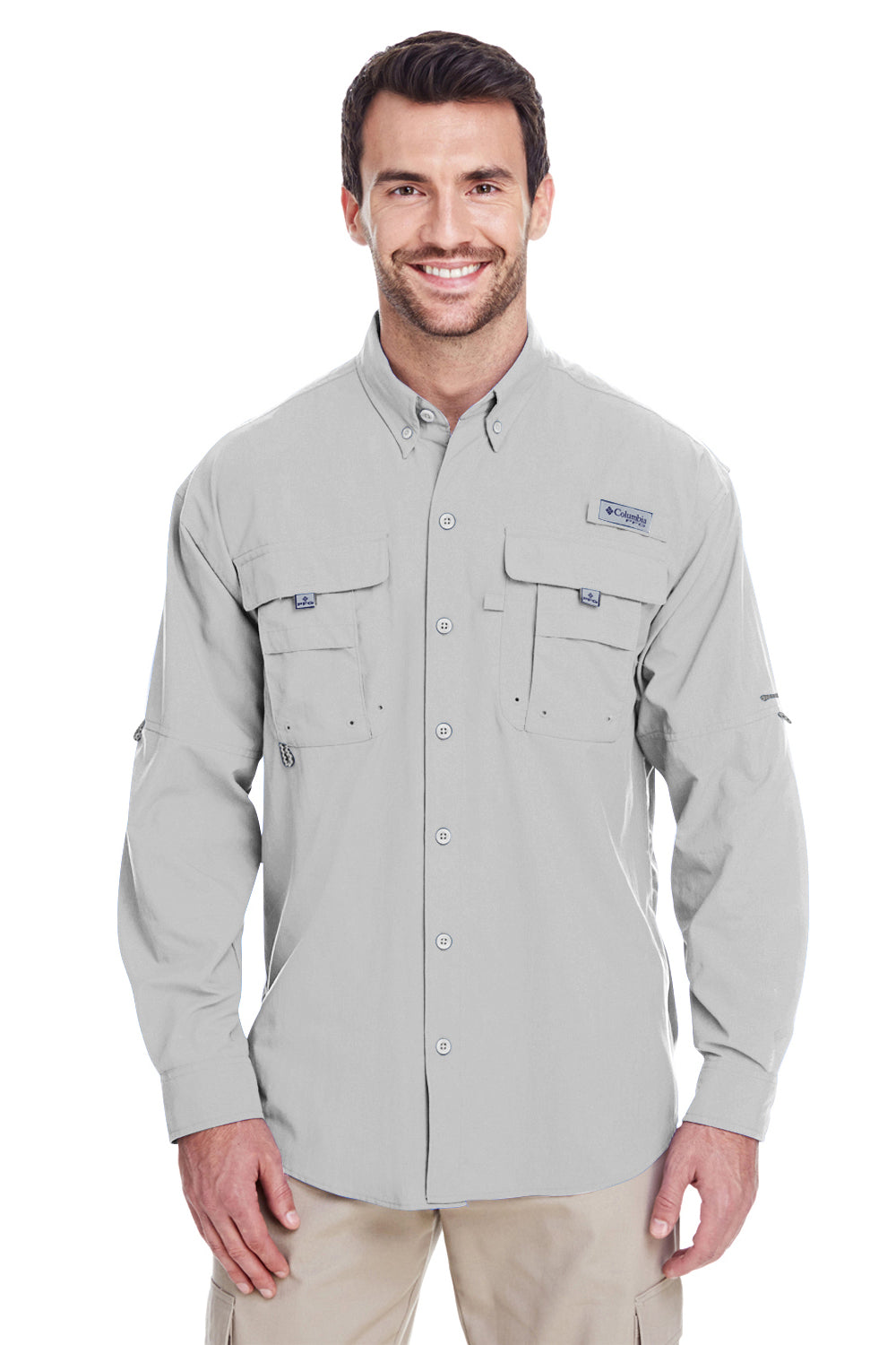 Columbia 7048/101162 Mens Cool Grey Bahama II Moisture Wicking Long Sleeve  Button Down Shirt w/ Double Pockets —