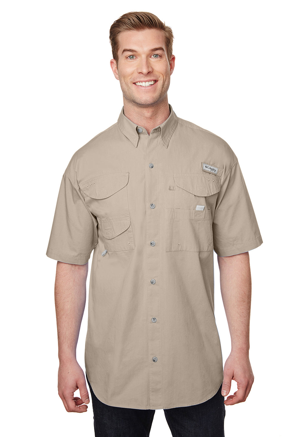 Columbia 7130 Mens Bonehead Short Sleeve Button Down Shirt w/ Double Pockets Fossil Brown Front
