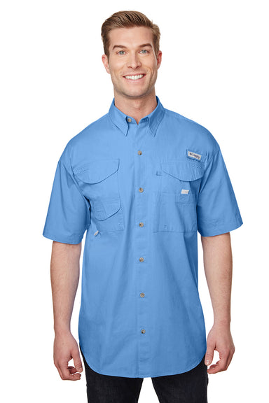 Columbia 7130 Mens Bonehead Short Sleeve Button Down Shirt w/ Double Pockets White Cap Blue Front