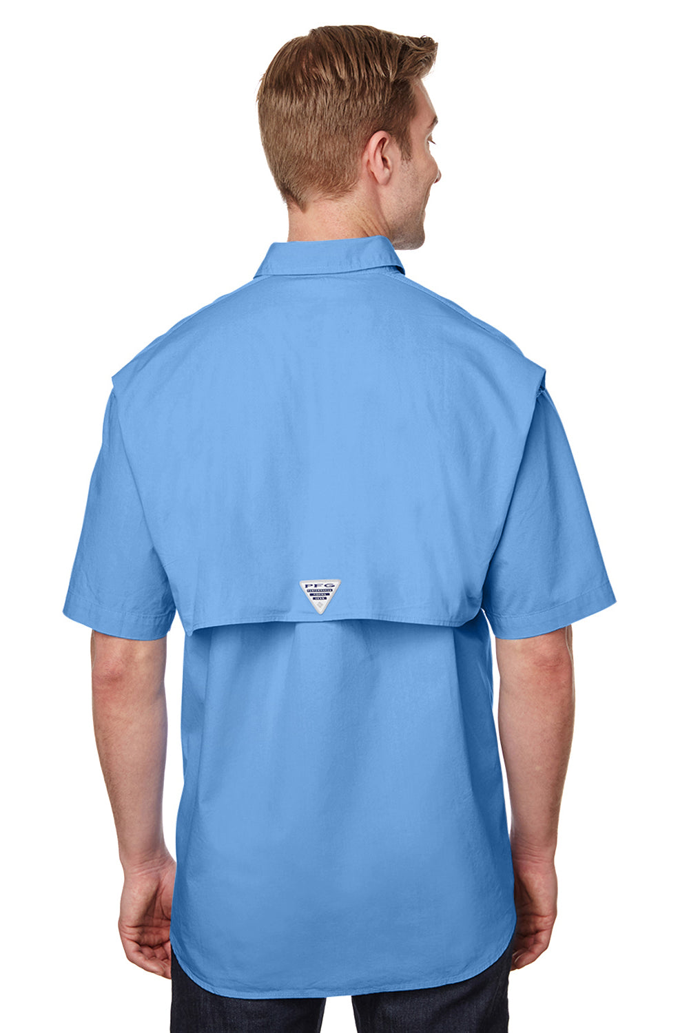 Columbia 7130 Mens Bonehead Short Sleeve Button Down Shirt w/ Double Pockets White Cap Blue Back