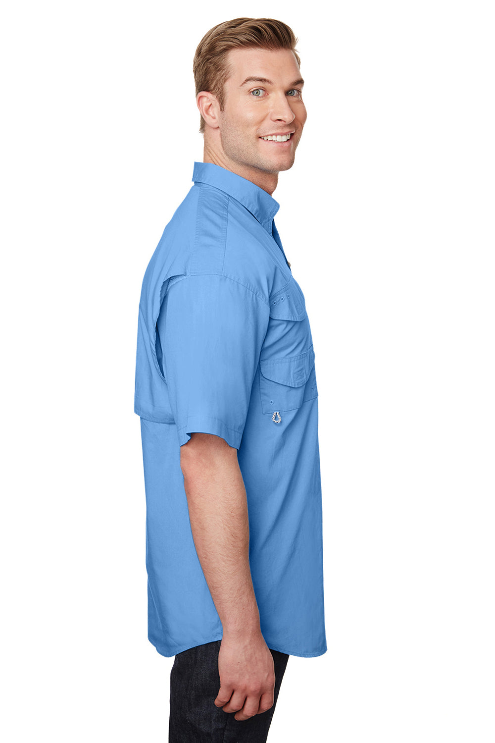 Columbia 7130 Mens Bonehead Short Sleeve Button Down Shirt w/ Double Pockets White Cap Blue Side