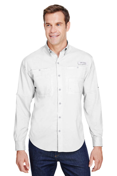 Columbia 7253 Mens Tamiami II Moisture Wicking Long Sleeve Button Down Shirt w/ Double Pockets White Front