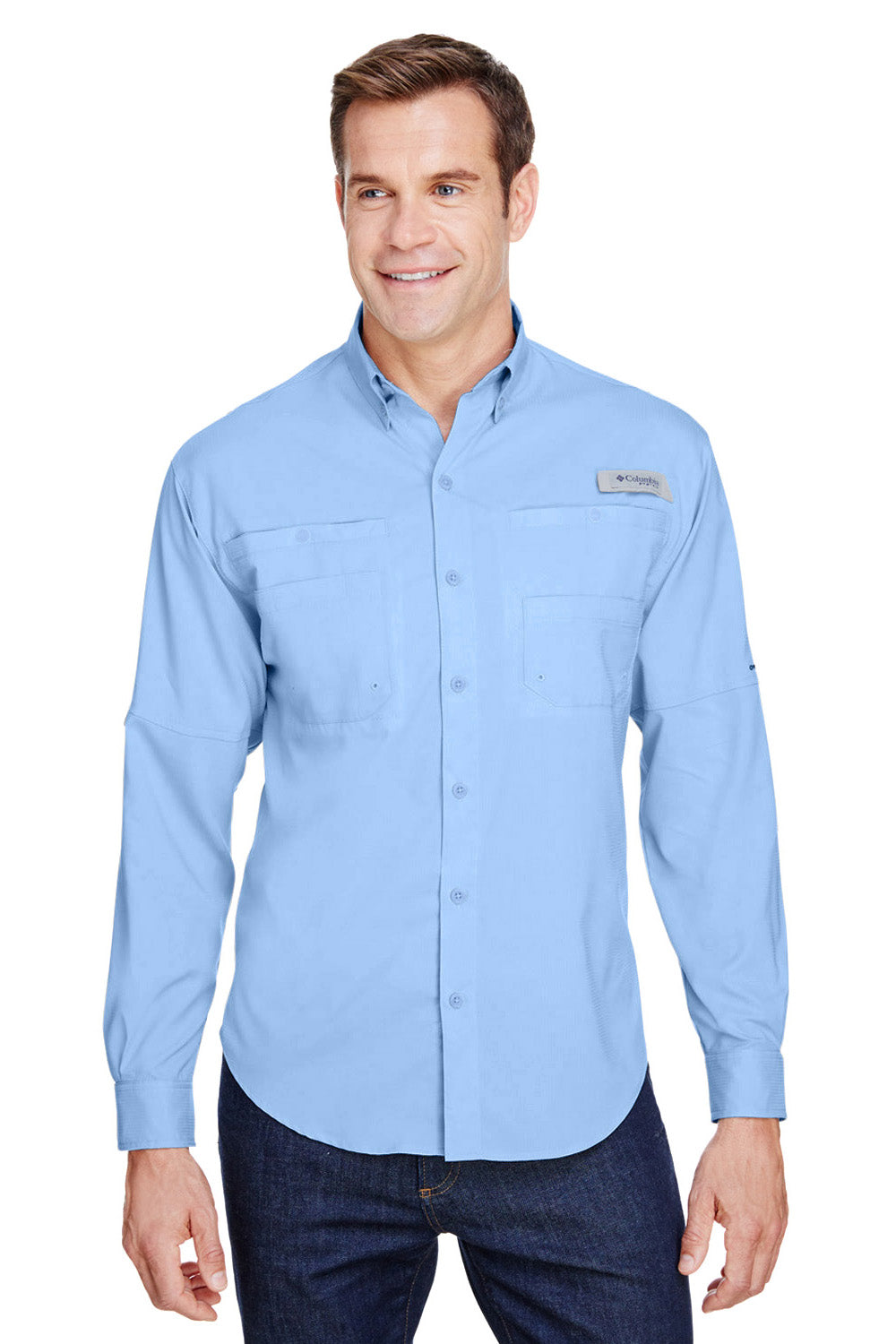 Columbia 7253 Mens Tamiami II Moisture Wicking Long Sleeve Button Down Shirt w/ Double Pockets Sail Blue Front