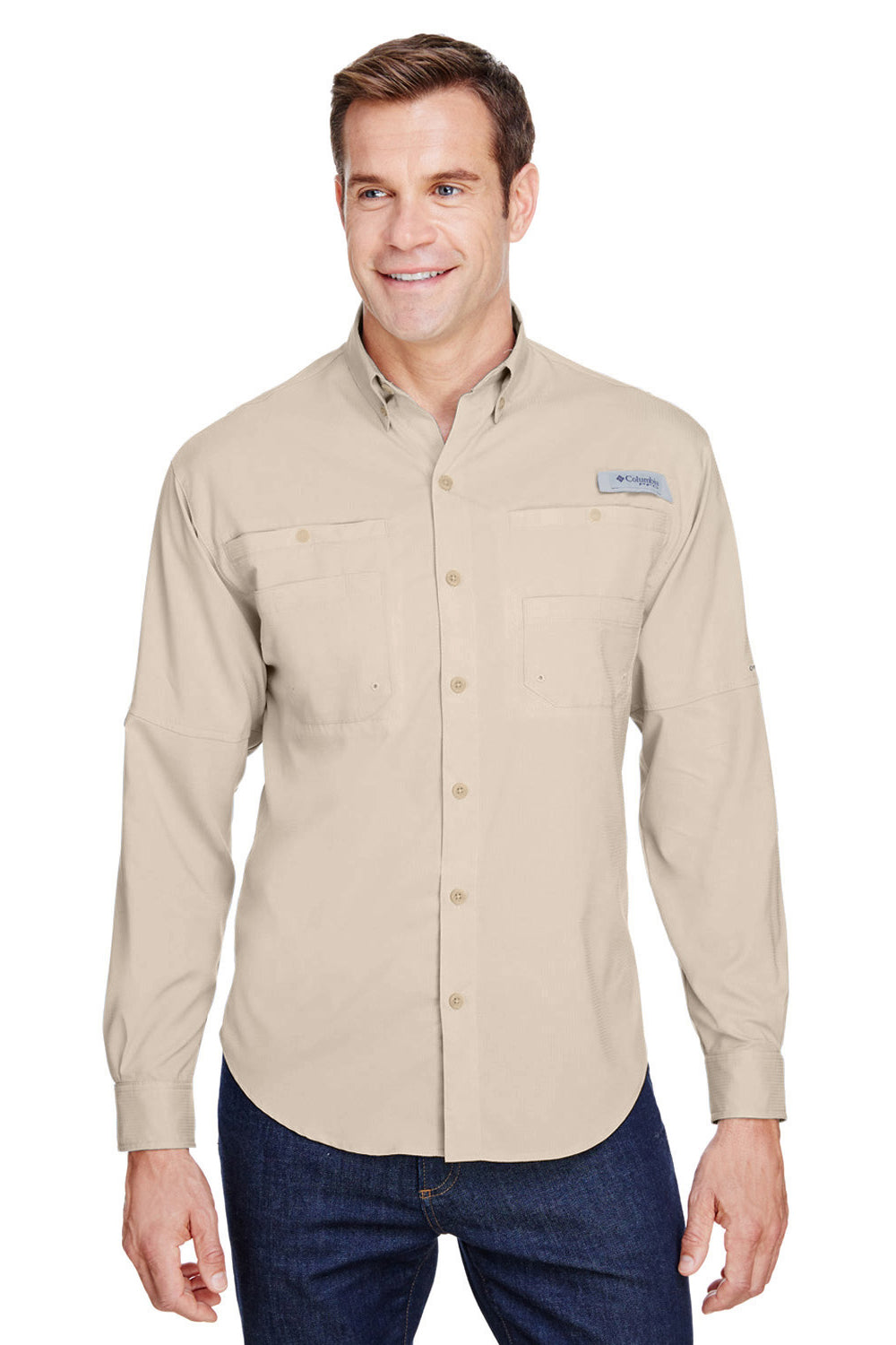 Columbia 7253/128606 Mens Fossil Tamiami II Moisture Wicking Long Sleeve  Button Down Shirt w/ Double Pockets —