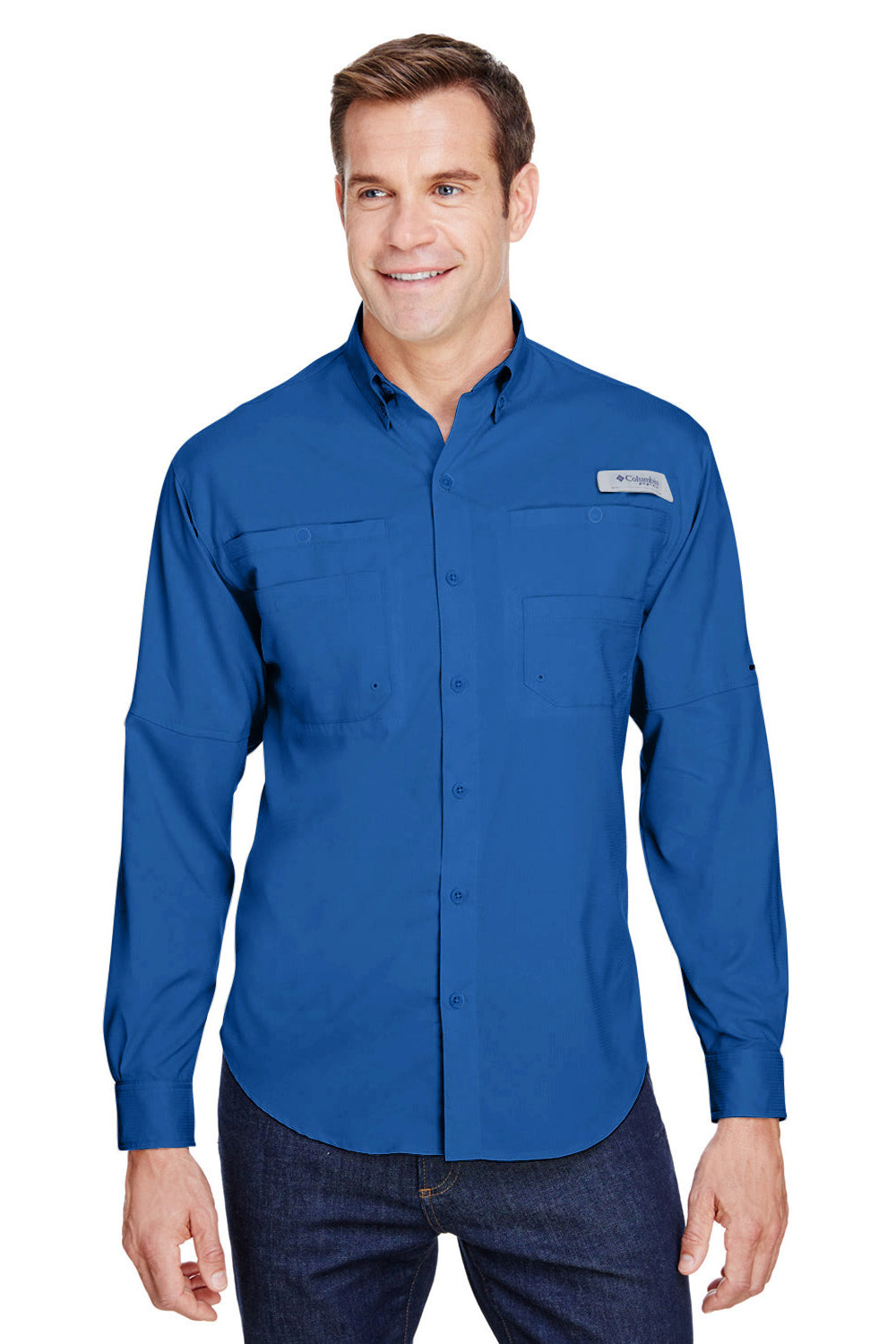 Columbia 7253/128606 Mens Vivid Blue Tamiami II Moisture Wicking Long  Sleeve Button Down Shirt w/ Double Pockets —
