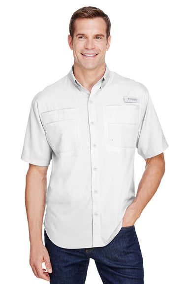 Columbia 7266 Mens Tamiami II Moisture Wicking Short Sleeve Button Down Shirt w/ Double Pockets White Front