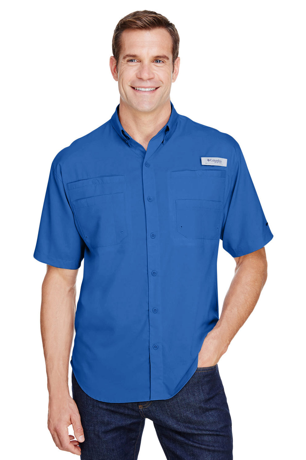 Columbia 7266 Mens Tamiami II Moisture Wicking Short Sleeve Button Down Shirt w/ Double Pockets Vivid Blue Front