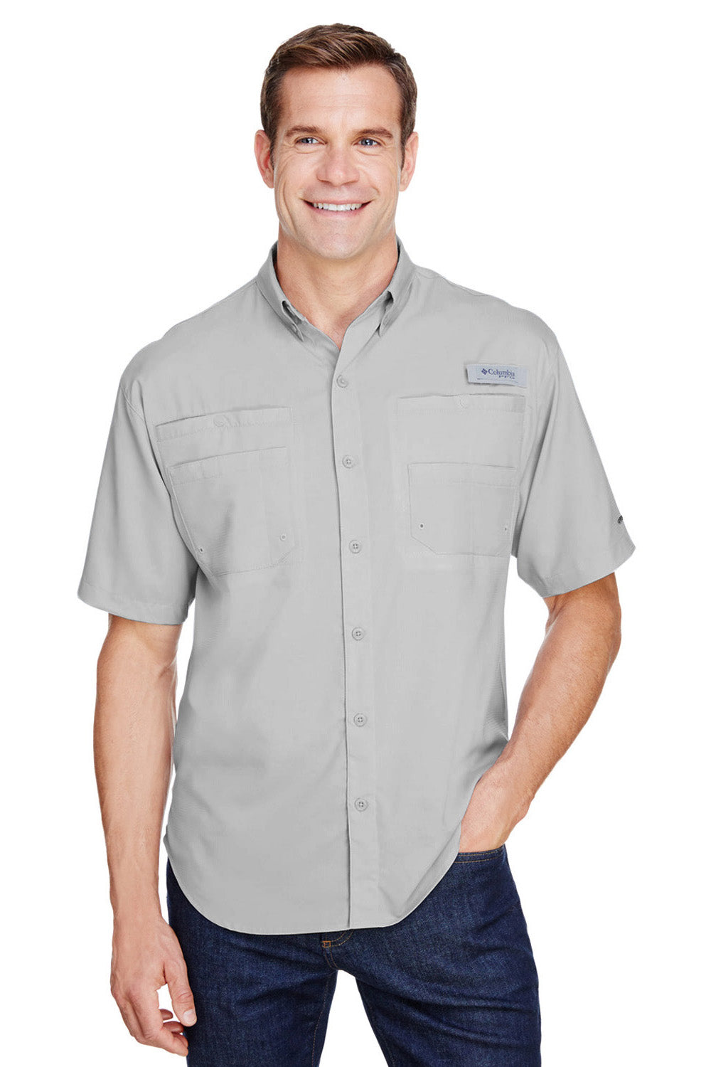 Columbia 7266 Tamiami II Moisture Wicking Short Sleeve Button Down Shirt w/ Double Pockets Cool Grey Front