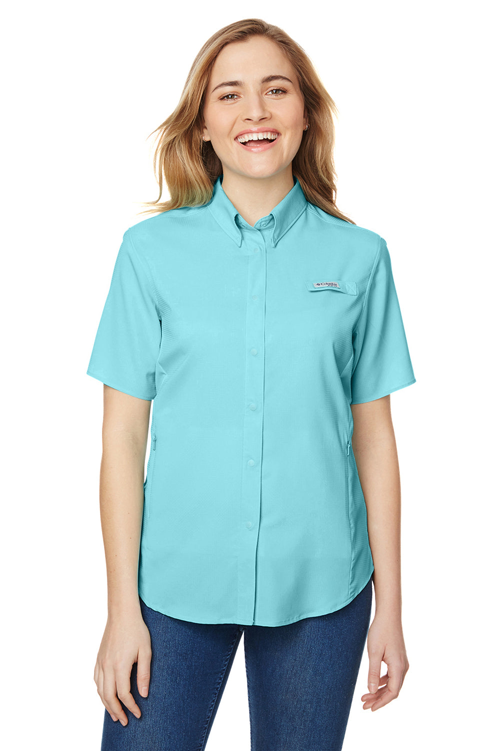 Columbia 7277 Womens Tamiami II Moisture Wicking Short Sleeve Button Down Shirt w/ Double Pockets Clear Blue Front