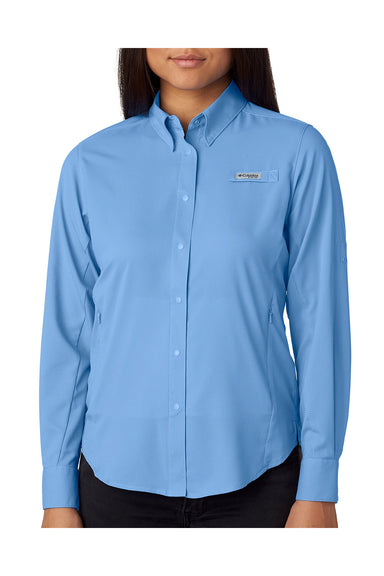 Columbia 7278 Womens Tamiami II Moisture Wicking Long Sleeve Button Down Shirt w/ Double Pockets White Cap Blue Front