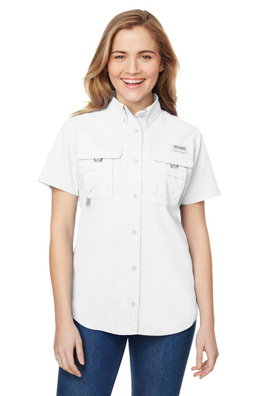 Columbia 7313 Womens Bahama Moisture Wicking Short Sleeve Button Down Shirt w/ Double Pockets White Front