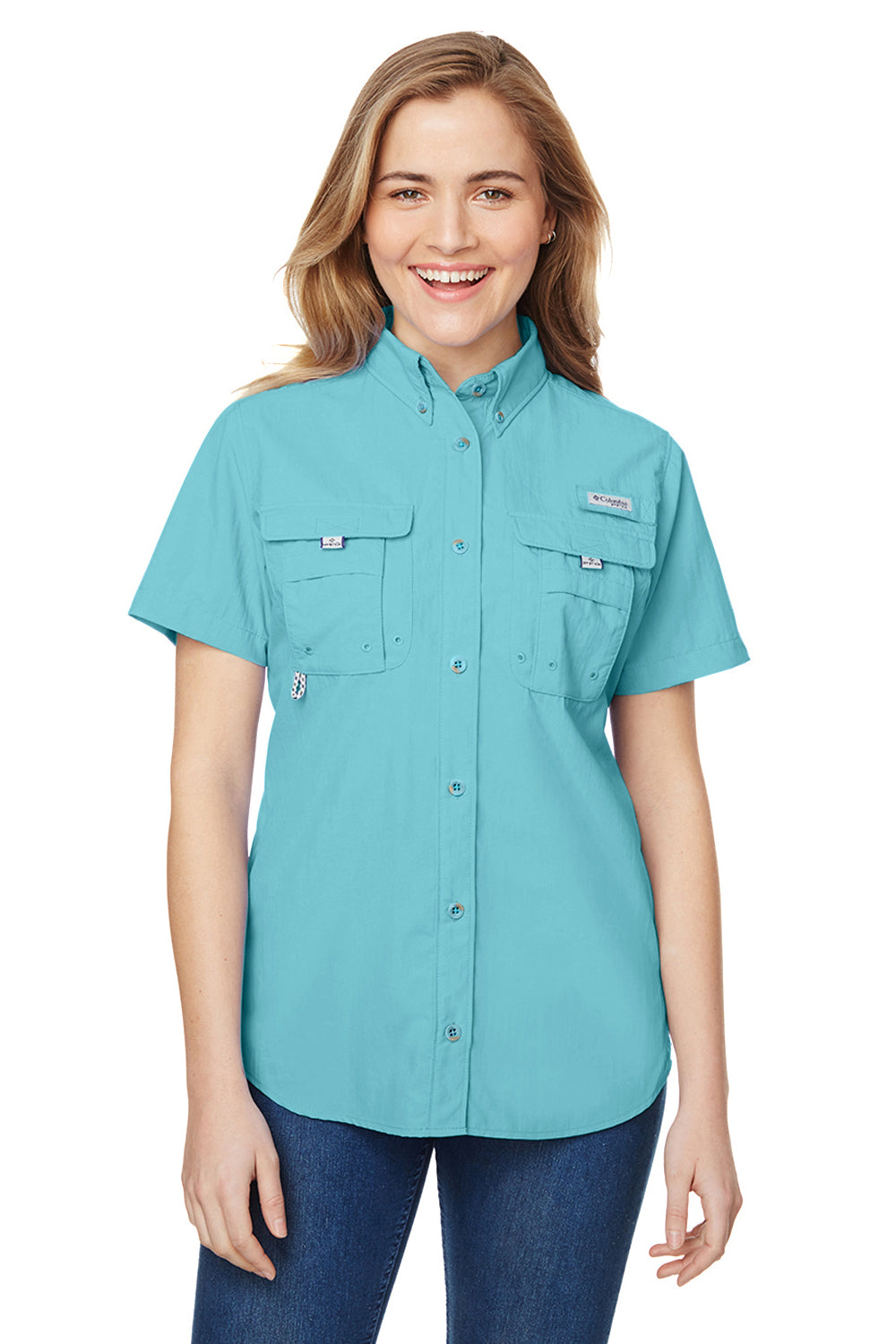 Columbia 7313 Womens Bahama Moisture Wicking Short Sleeve Button Down Shirt w/ Double Pockets Clear Blue Front
