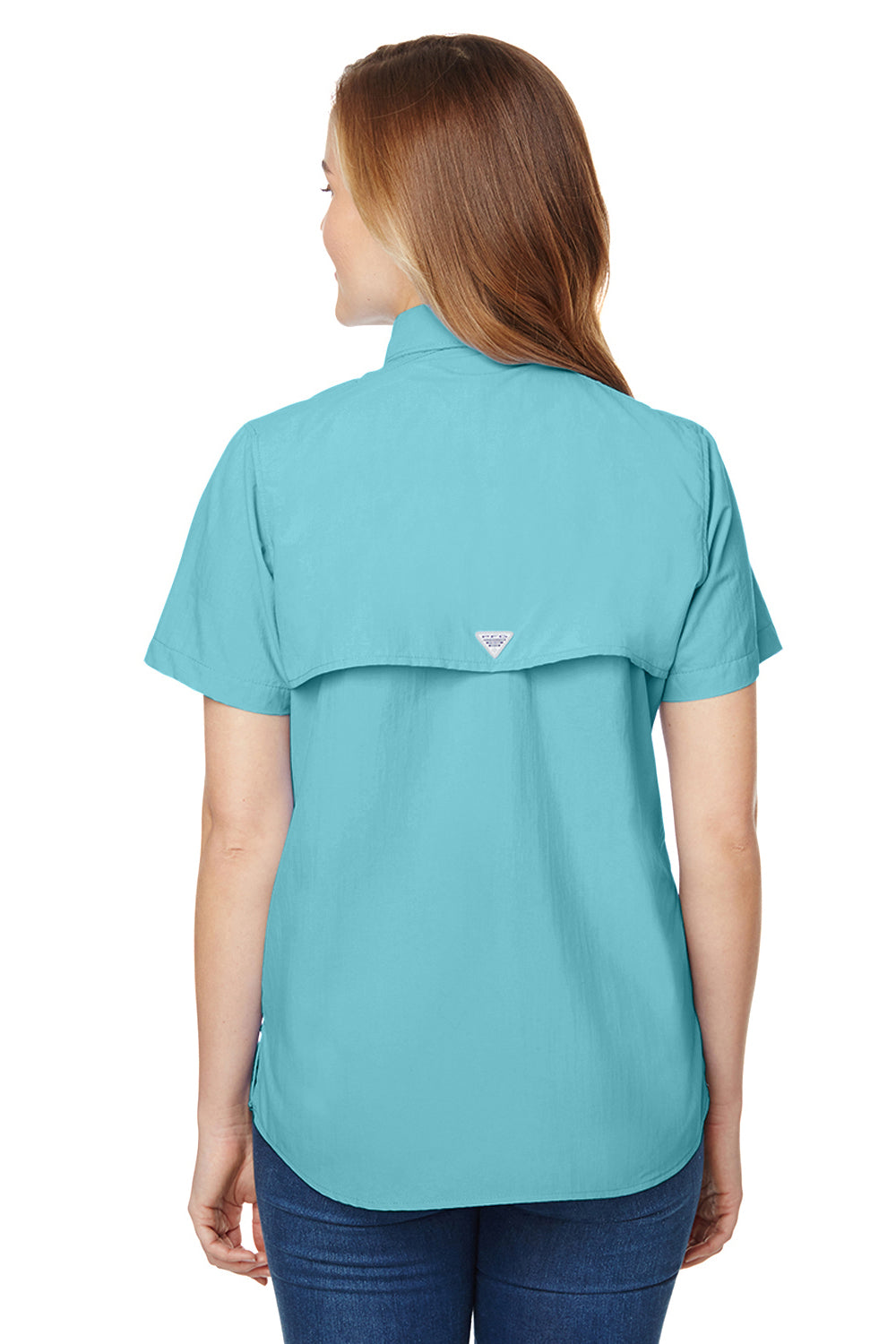 Columbia 7313 Womens Bahama Moisture Wicking Short Sleeve Button Down Shirt w/ Double Pockets Clear Blue Back