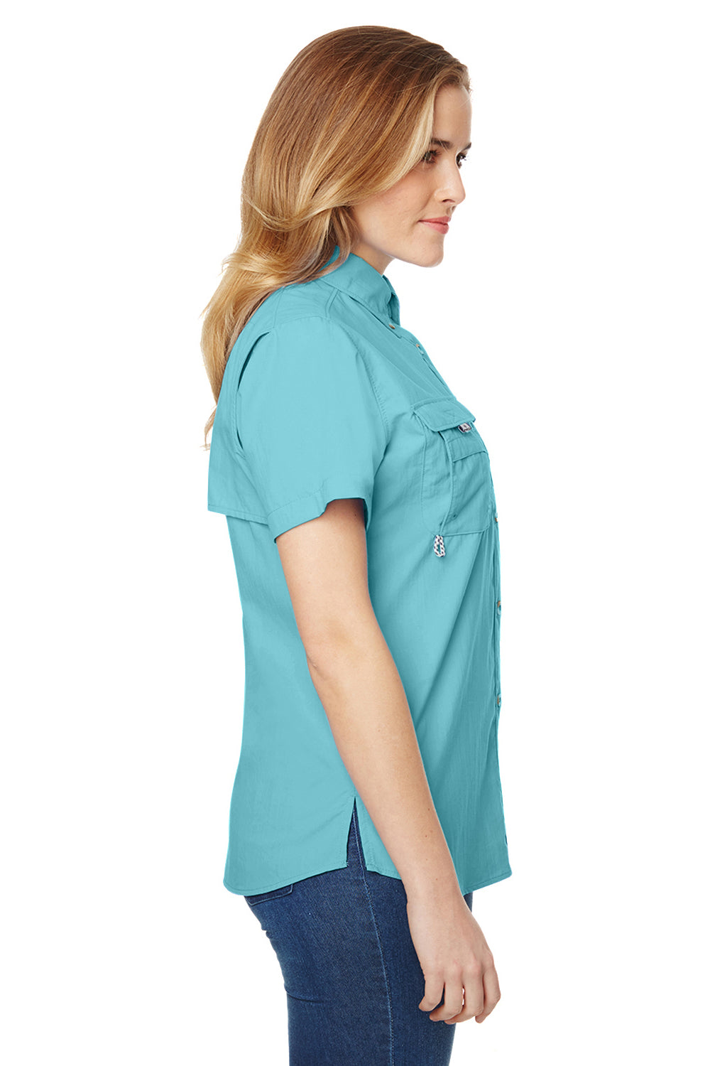 Columbia 7313 Womens Bahama Moisture Wicking Short Sleeve Button Down Shirt w/ Double Pockets Clear Blue Side
