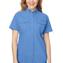Columbia Womens Bahama Moisture Wicking Short Sleeve Button Down Shirt w/ Double Pockets - White Cap Blue