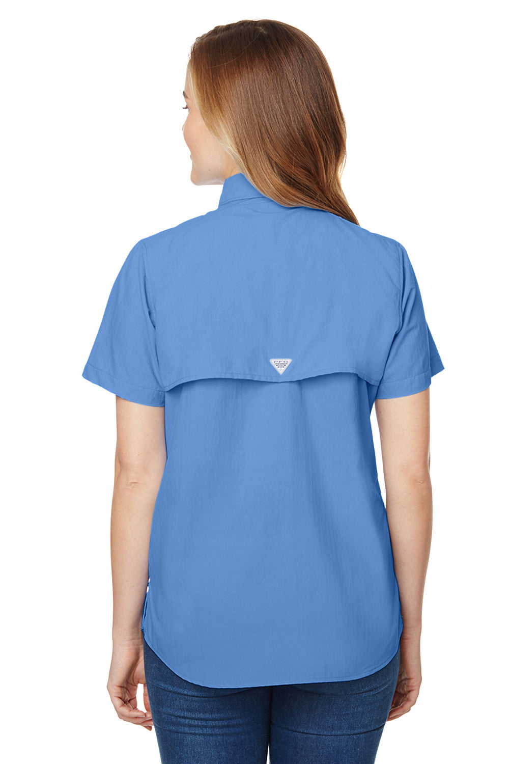 Columbia 7313 Womens Bahama Moisture Wicking Short Sleeve Button Down Shirt w/ Double Pockets White Cap Blue Back