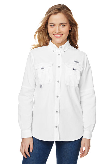 Columbia 7314 Womens Bahama Moisture Wicking Long Sleeve Button Down Shirt w/ Double Pockets White Front