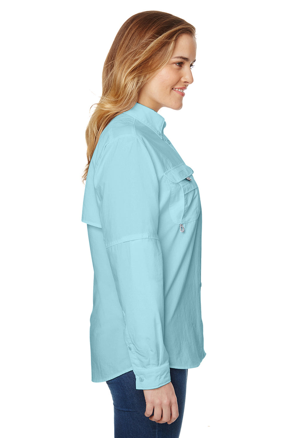 Columbia 7314 Womens Bahama Moisture Wicking Long Sleeve Button Down Shirt w/ Double Pockets Clear Blue Side