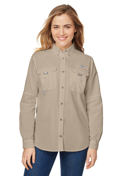 Columbia 7314/139656 Womens Bahama Moisture Wicking Long Sleeve Button Down Shirt w/ Double Pockets Fossil Front