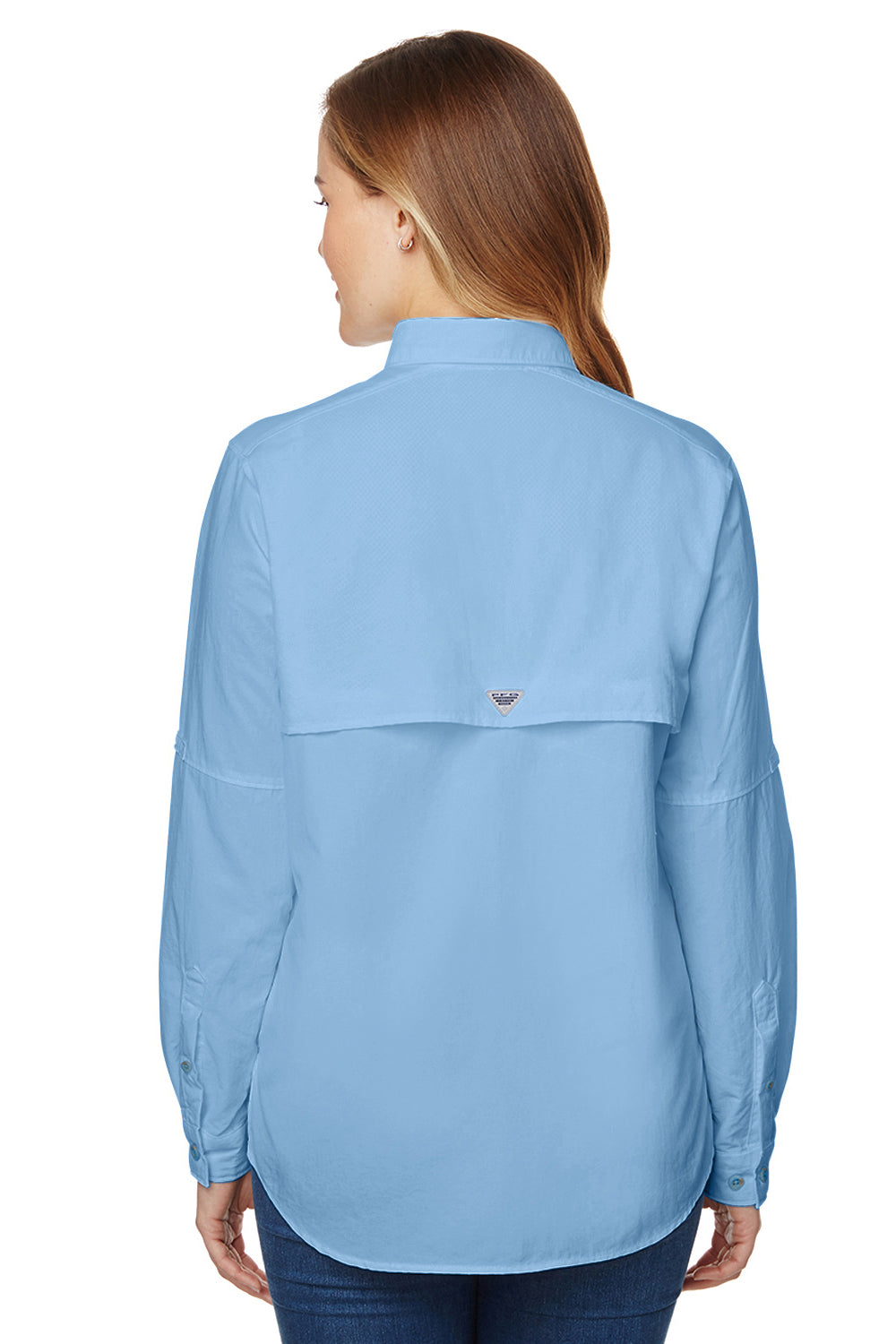 Columbia 7314 Womens Bahama Moisture Wicking Long Sleeve Button Down Shirt w/ Double Pockets White Cap Blue Back