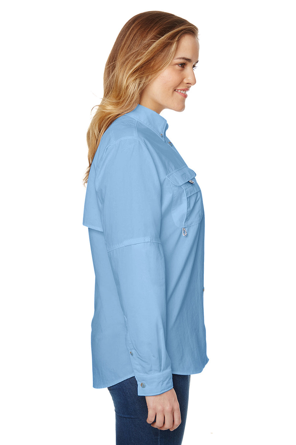Columbia 7314 Womens Bahama Moisture Wicking Long Sleeve Button Down Shirt w/ Double Pockets White Cap Blue Side