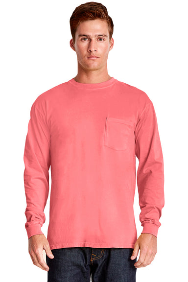 Next Level 7451 Mens Inspired Dye Jersey Long Sleeve Crewneck T-Shirt w/ Pocket Pink Guava Front
