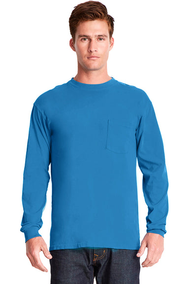 Next Level 7451 Mens Inspired Dye Jersey Long Sleeve Crewneck T-Shirt w/ Pocket Ocean Blue Front