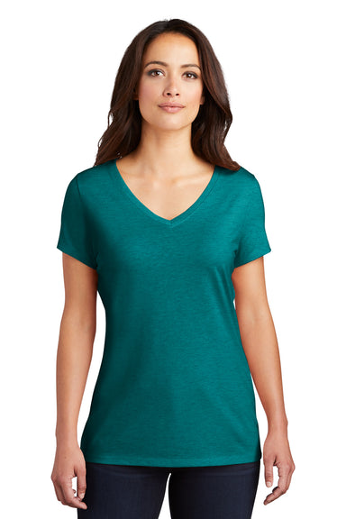 District DM1350L Womens Perfect Tri Short Sleeve V-Neck T-Shirt Heather Teal Blue Front