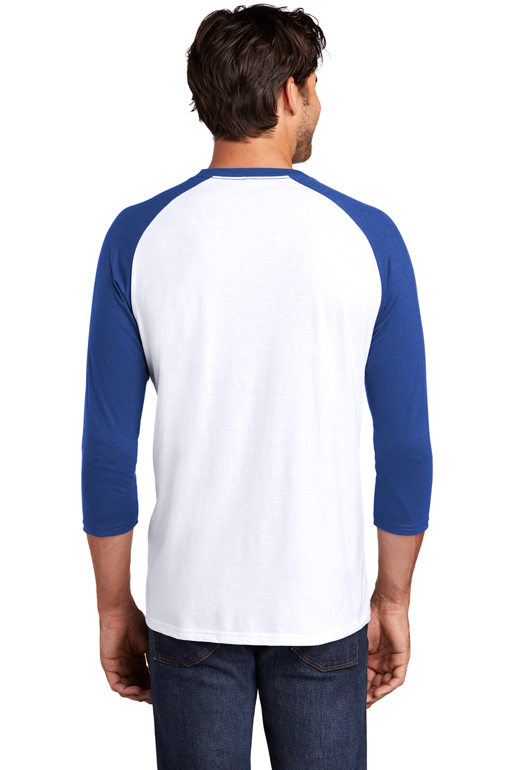 District DM136 Mens Perfect Tri 3/4 Sleeve Crewneck T-Shirt White/Deep Royal Blue Back