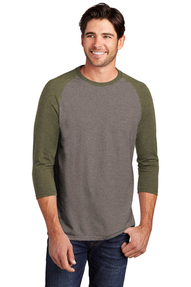 District DM136 Mens Perfect Tri 3/4 Sleeve Crewneck T-Shirt Grey Frost/Military Green Frost Front