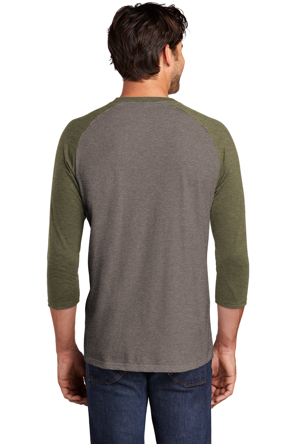 District DM136 Mens Perfect Tri 3/4 Sleeve Crewneck T-Shirt Grey Frost/Military Green Frost Back