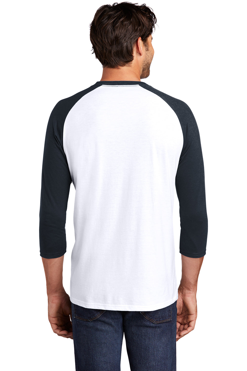 District DM136 Mens Perfect Tri 3/4 Sleeve Crewneck T-Shirt White/New Navy Blue Back