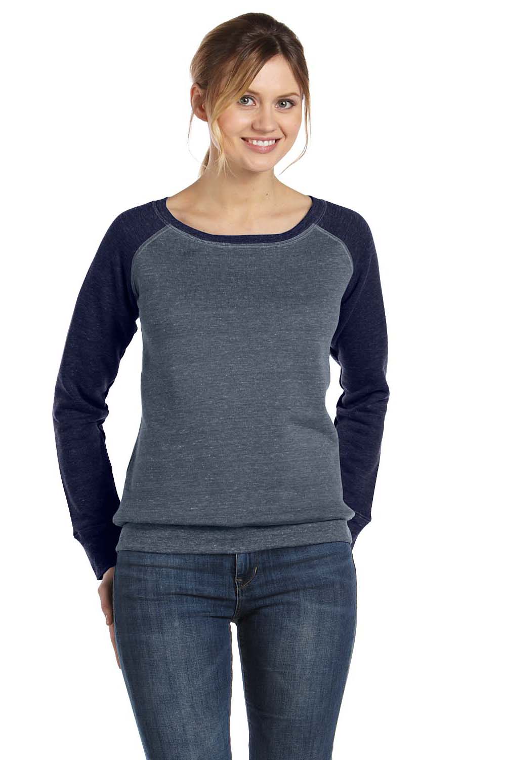 Bella + Canvas 7501 Womens Sponge Fleece Wide Neck Sweatshirt Heather Deep Grey/Navy Blue Front