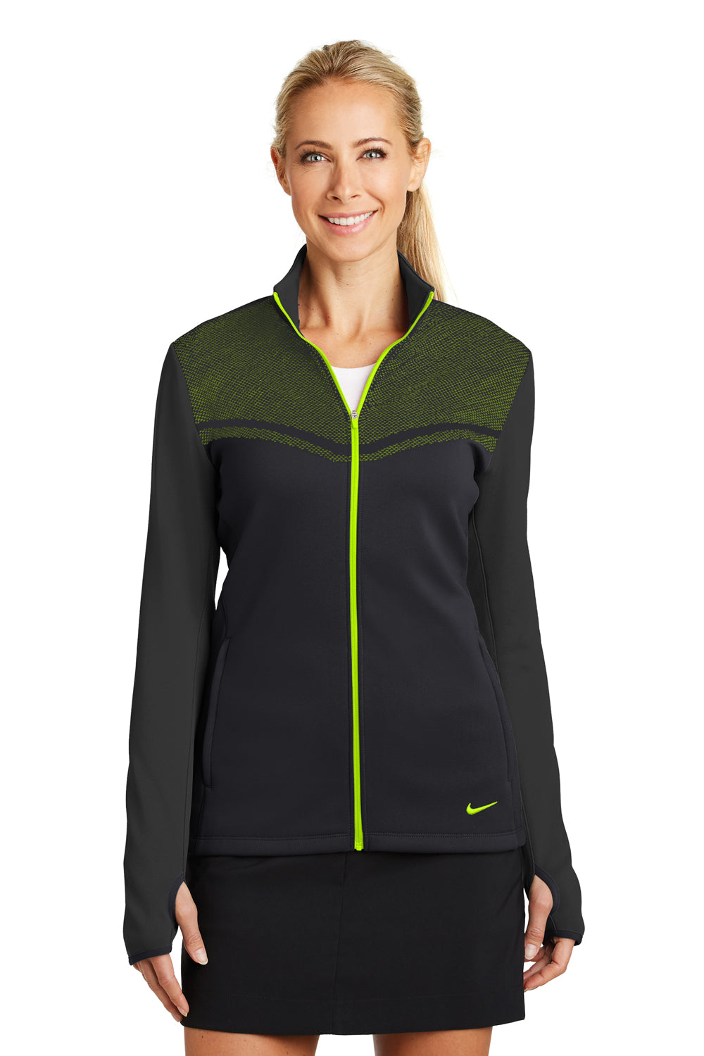 Nike 779804 Womens Hypervis Therma-Fit Moisture Wicking Full Zip Sweatshirt Black/Volt Green Front