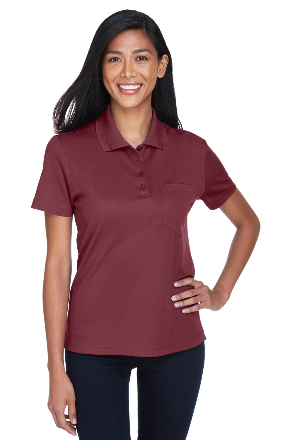 Core 365 78181P Womens Origin Performance Moisture Wicking Short Sleeve Polo Shirt w/ Pocket Burgundy Front